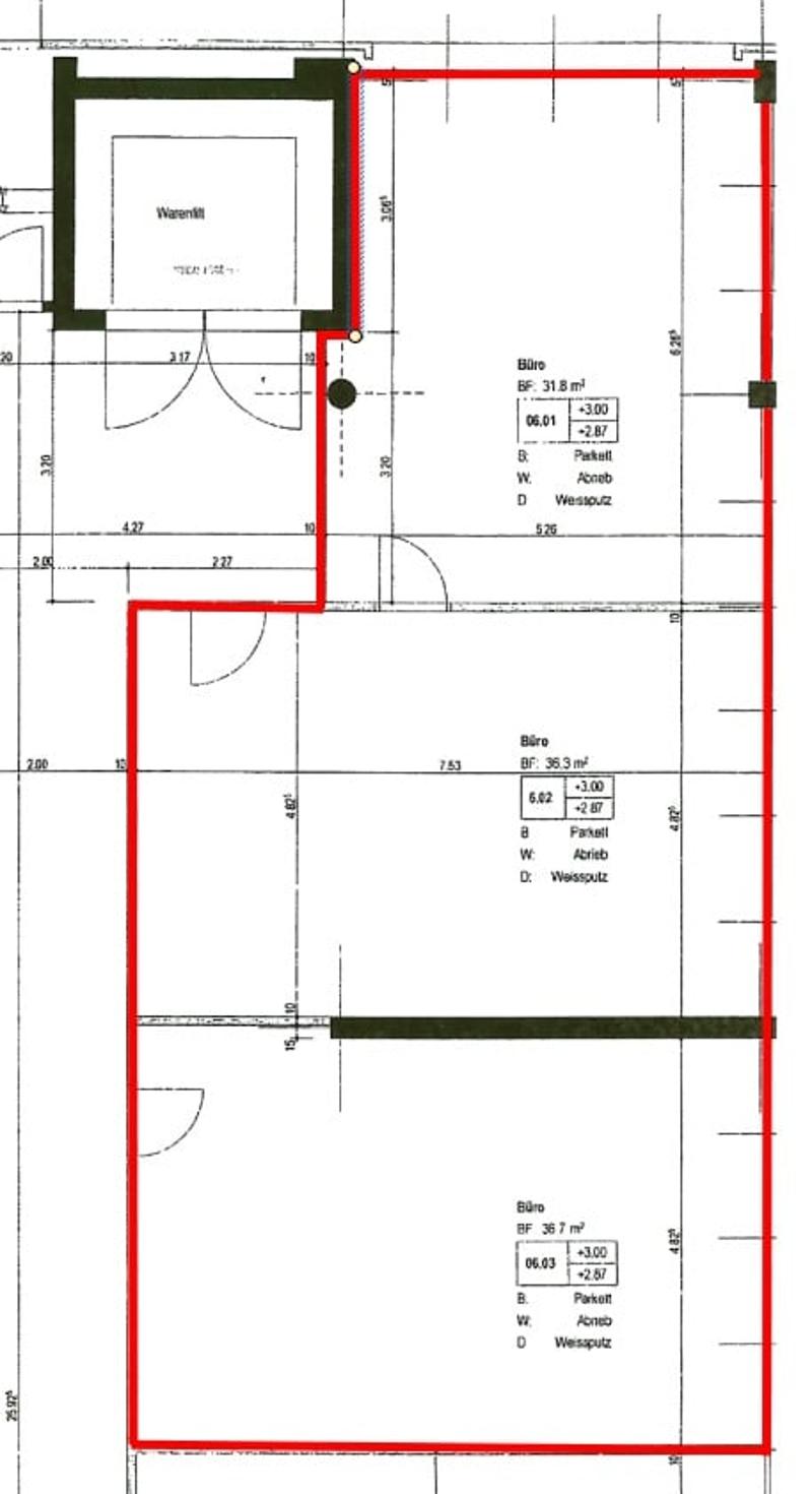 Floor plan of a residential space with labeled rooms including a bathroom, two offices, and a parking area. Dimensions and room labels are provided.