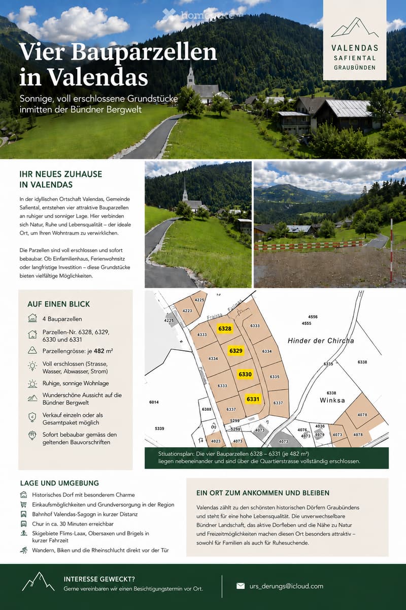 Real estate advertisement for four building plots in Valendas, Switzerland, featuring a scenic landscape, a map of the plots, and details about the location and amenities.