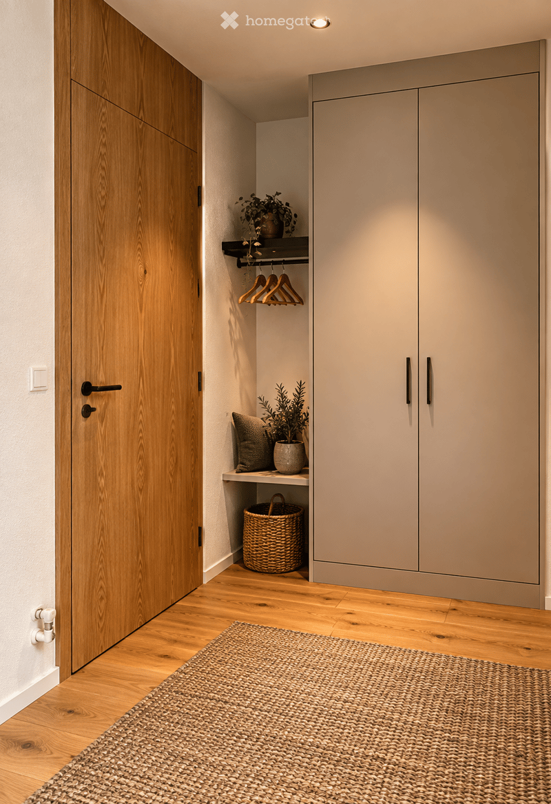 Modern hallway with wooden floor, built-in wardrobe, small shelf with plants and basket, and a woven rug.