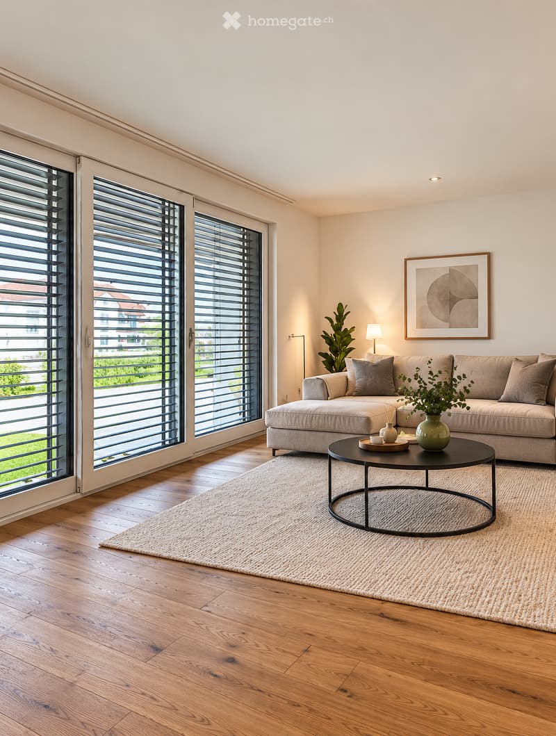 Modern living room with light-colored sofa, coffee table, floor lamp, and large windows with blinds.