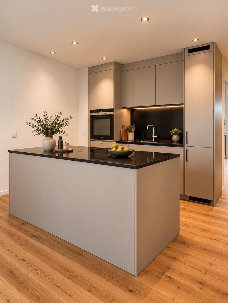 Modern kitchen with light grey cabinets, black countertop, island, integrated oven, sink, and decorative items including a vase and bowl on the island.