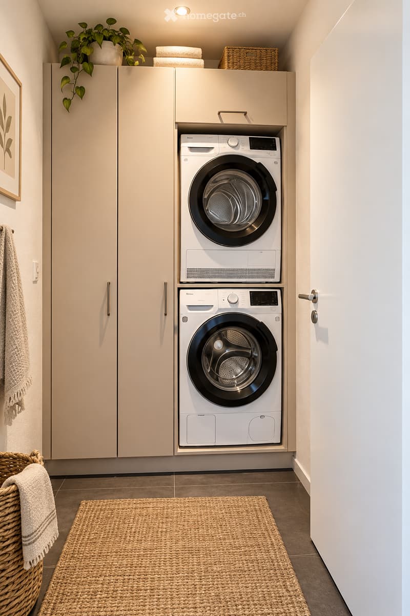 A modern, compact laundry room with a stacked washer and dryer unit, built-in cabinets, a woven rug, and a small plant on top of the cabinets.