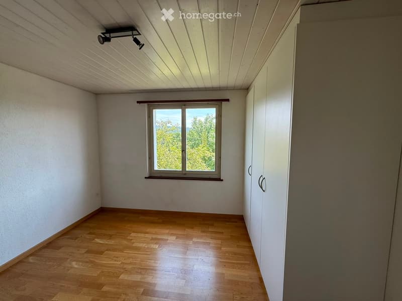 Empty room with wooden flooring, white walls, and a large window offering a view of greenery. The ceiling has built-in lighting fixtures.