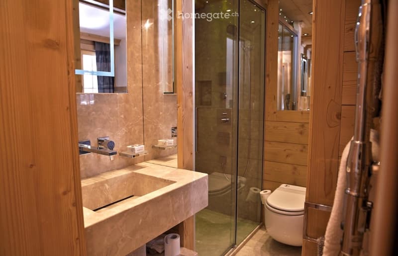 Modern bathroom with a double sink, toilet, glass-enclosed shower, and wooden accents.