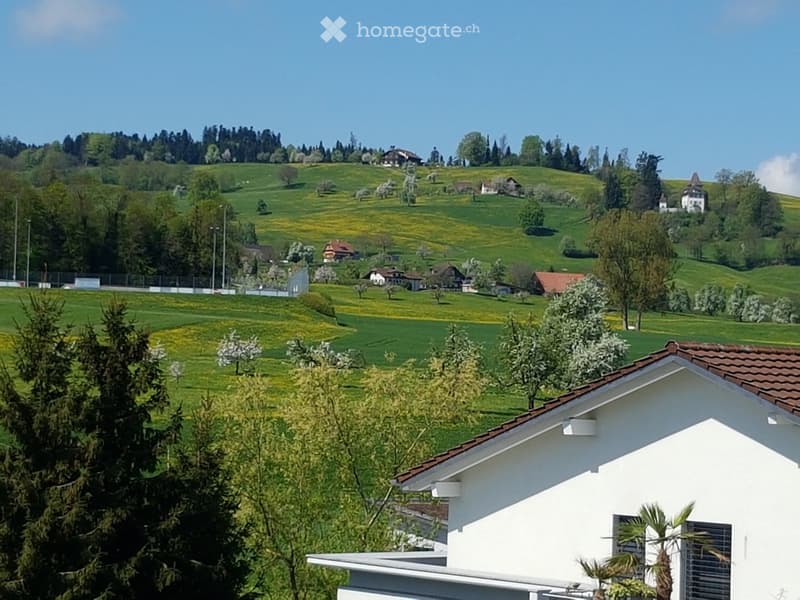 A peaceful countryside scene with a white house in the foreground and rolling green hills dotted with trees and scattered houses in the background.