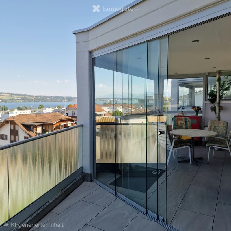 Balcony with glass railing, tiled floor, and outdoor furniture including a table and chairs, overlooking a scenic lake and town view.