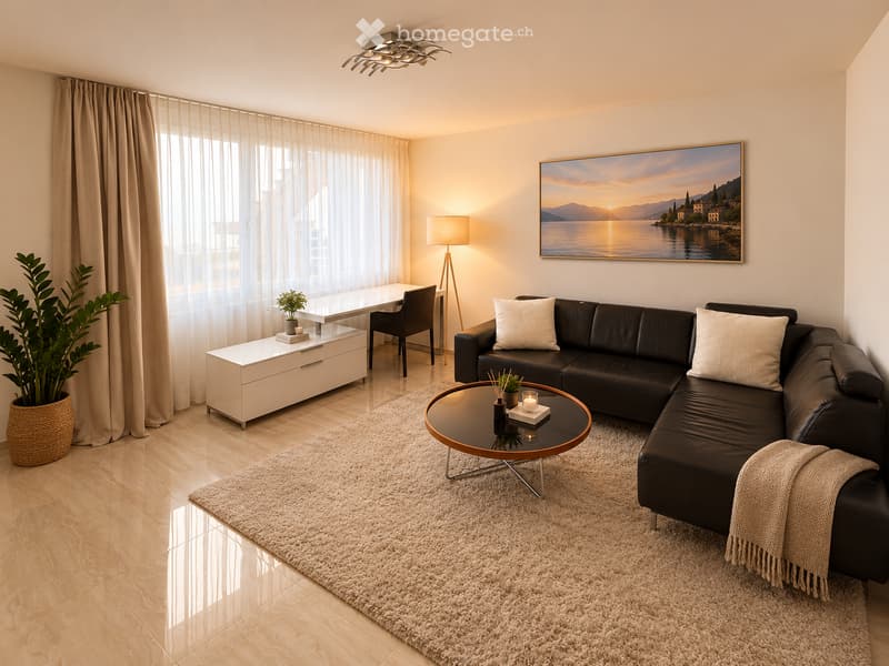 Modern living room with a black sectional sofa, coffee table, side table, floor lamp, and large window with sheer curtains.