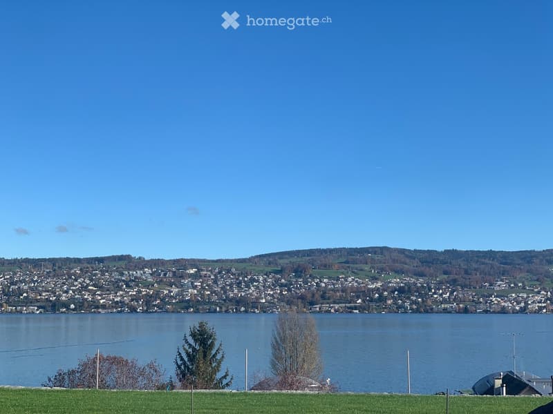 A scenic view of a town across a lake, with a grassy foreground and distant hills under a clear blue sky.