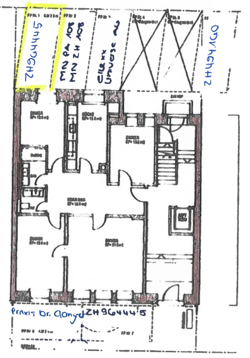 Floor plan of a residential unit showing multiple rooms including living room, kitchen, bedrooms, bathrooms, and a balcony.