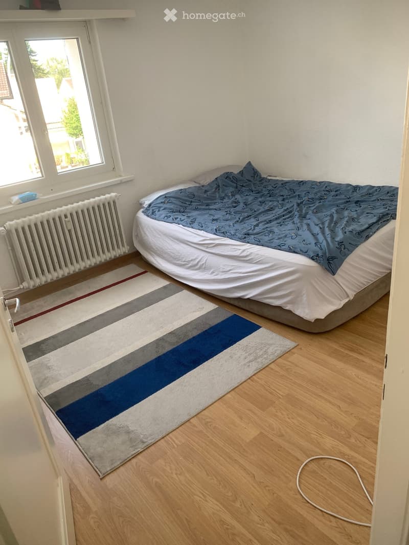 Cozy bedroom with a single bed, blue and white bedding, a striped rug, wooden flooring, and a radiator under the window.