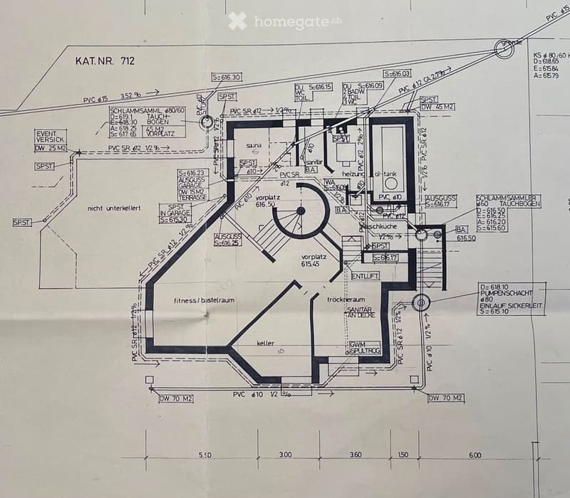 Floor plan showing a multi-level building layout with labeled rooms and areas including sauna, fitness/bastelraum, tröckerraum, and various technical spaces.