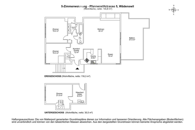 Floor plan of a 5-room apartment with living area, kitchen, bedrooms, bathrooms, balcony, and basement.