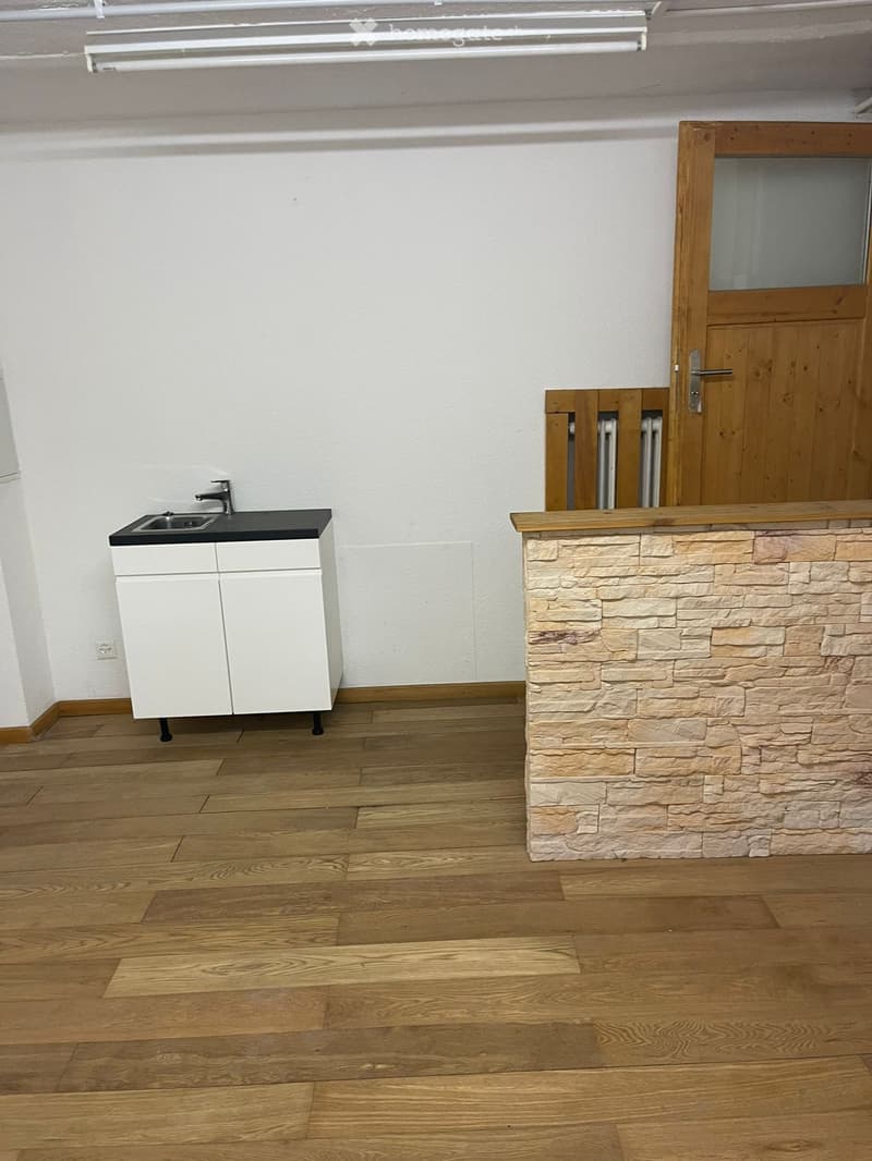 Empty room with wooden flooring, white walls, a small sink with cabinets, a stone partition, and a wooden door with a frosted glass panel.