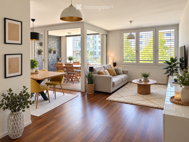 Modern living and dining area with hardwood floors, large windows, a grey sofa, coffee table, dining table with chairs, pendant lights, and decorative plants.