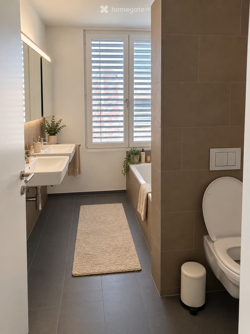 Modern bathroom with double sinks, bathtub, toilet, and a small trash bin. Features a large window with blinds, a beige rug, and decorative plants on the sink and bathtub.