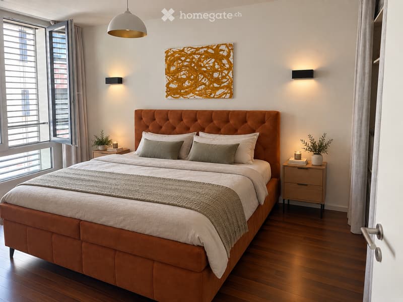 Modern bedroom with a tufted headboard bed, nightstands, potted plants, artwork, and warm lighting.