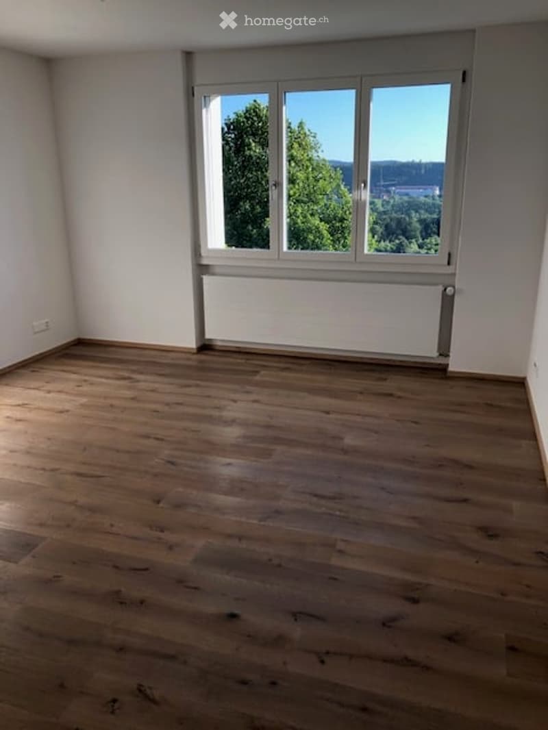 Empty room with wooden flooring, white walls, and large window with radiator below.