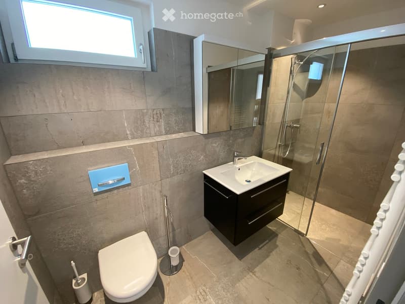 Modern bathroom with a toilet, sink, mirror, and glass-enclosed shower. Features a dark wooden cabinet, beige tiles, and a small window.