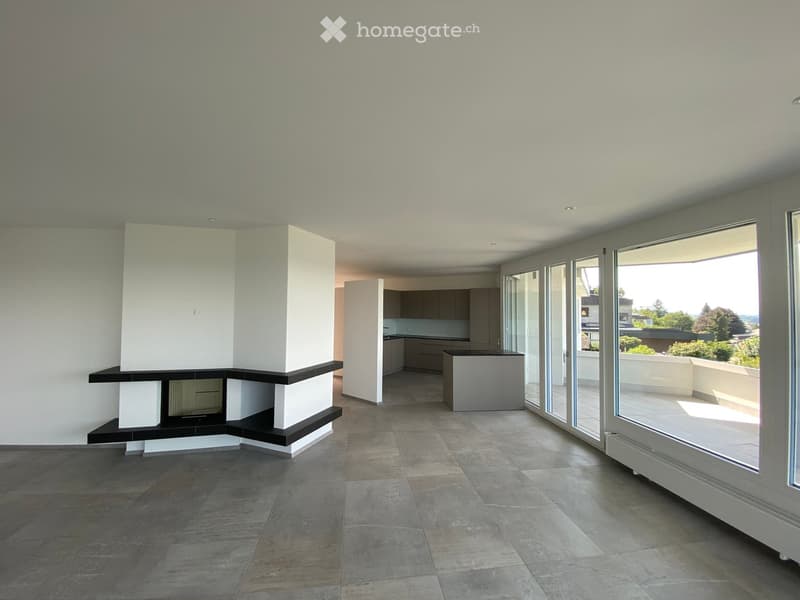 Open-plan living and kitchen area with a modern fireplace, sleek kitchen cabinets, and expansive windows offering a scenic view.