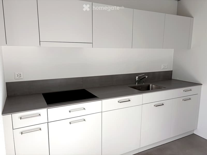 Modern kitchen with white cabinets, dark countertops, and a stainless steel sink.