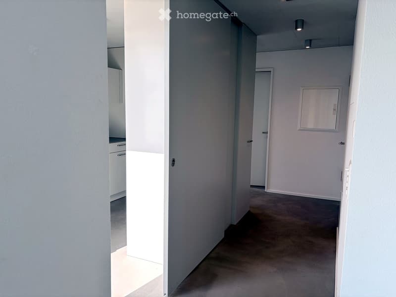 Empty hallway with white walls, grey carpeted floor, and several doors leading to other rooms.