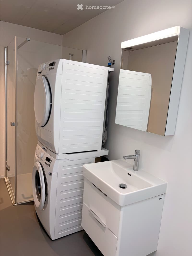 Modern bathroom with a white sink, faucet, mirror, and stacked washing machine and dryer unit.