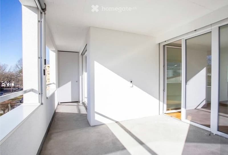 Modern, minimalist balcony with white walls, large glass sliding doors, and a smooth concrete floor. The space is bright and open, with natural light streaming in.