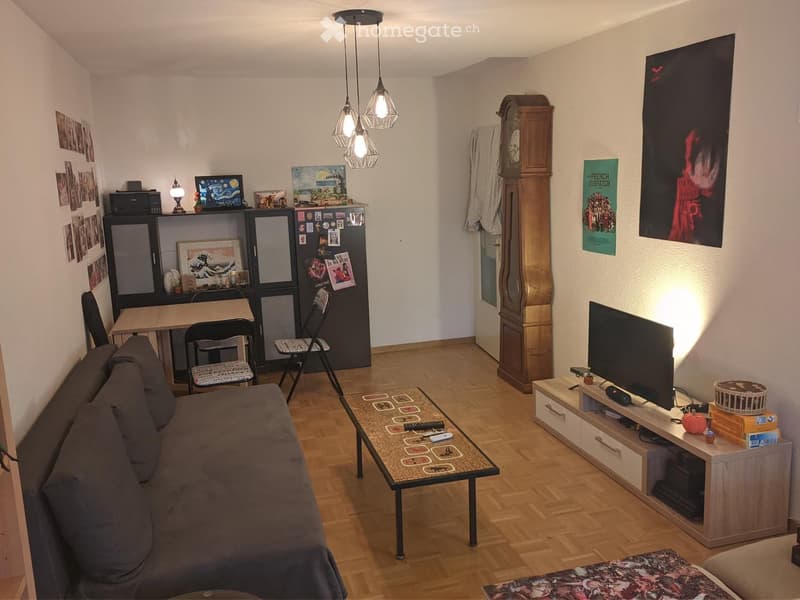 A cozy living room with a sofa, coffee table, television, and a small table with chairs. The room features wooden flooring, a large clock, and various decorative items including artwork and posters.