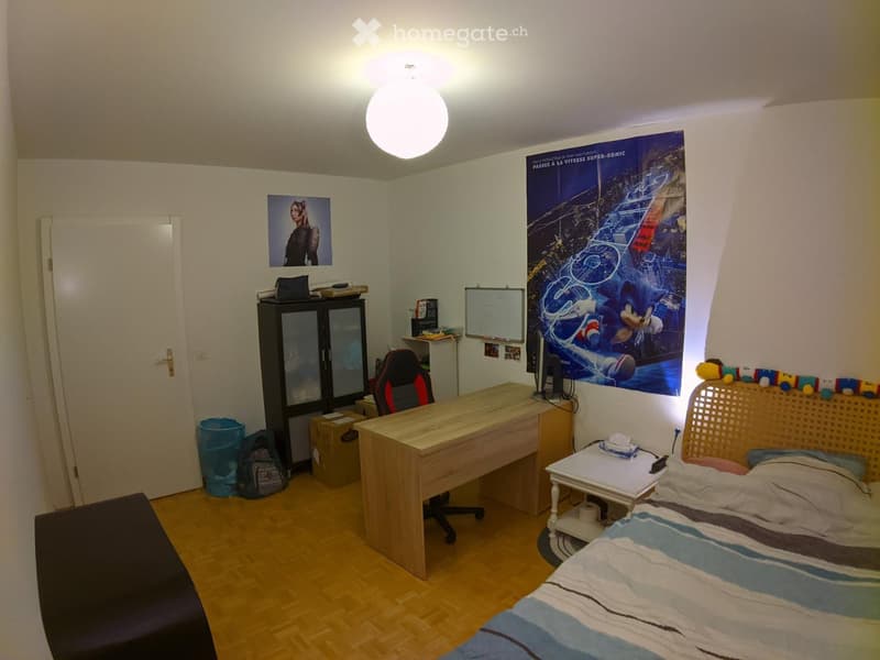 Cozy bedroom with a wooden bed, desk, chair, nightstand, and cabinet. Features a large poster on the wall and a round ceiling light.