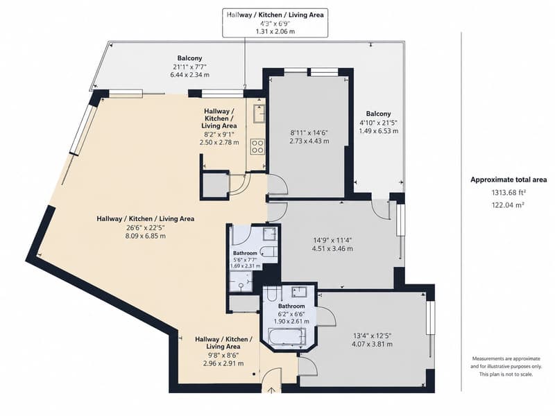 Floor plan showing multiple living areas, bathrooms, and a balcony. Dimensions are provided in both feet and meters.