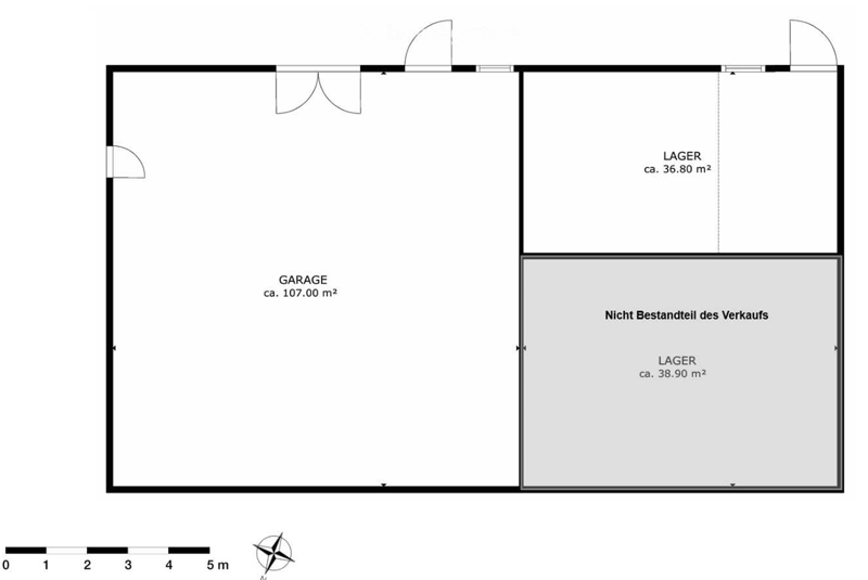 Floor plan showing a garage (107.00 m²) and two storage areas (36.80 m² and 38.90 m²), with one storage area marked as not part of the sale.