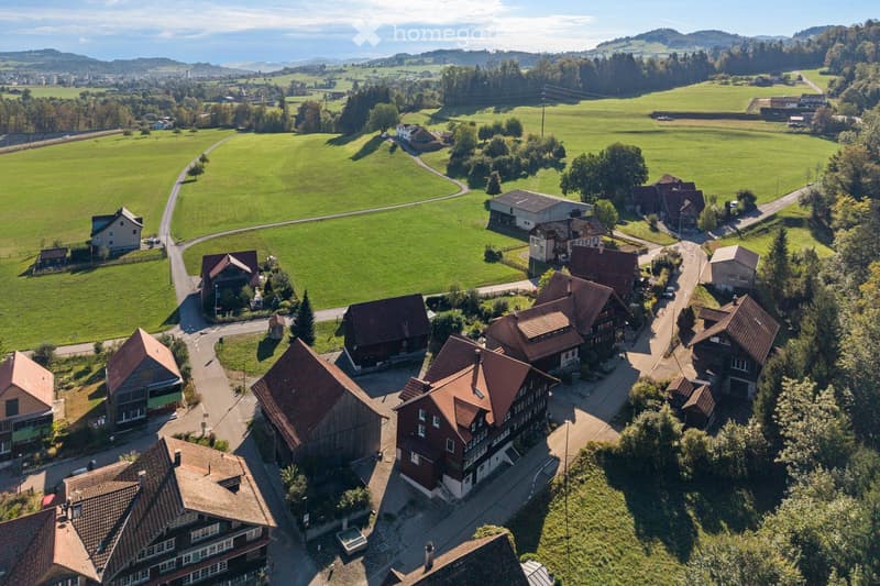 Aerial view of a rural village with traditional houses, surrounded by green fields and trees, with winding roads and distant mountains.