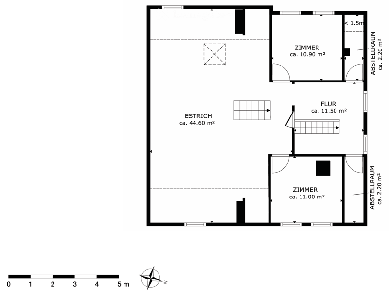 Floor plan of a 3-room apartment with a living room (ca. 44.60 m²), two bedrooms (ca. 10.90 m² and ca. 11.00 m²), and a hallway (ca. 11.50 m²).