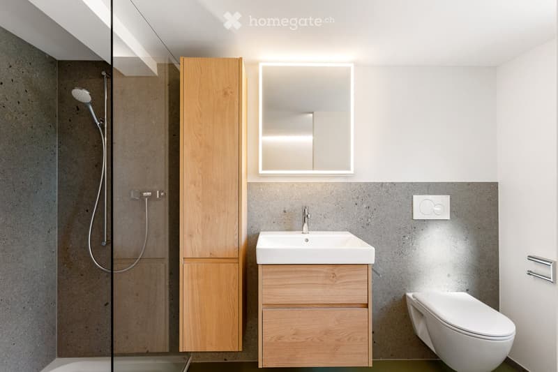 Modern bathroom with a white sink, wooden cabinet, mirror, toilet, and glass-enclosed shower area.