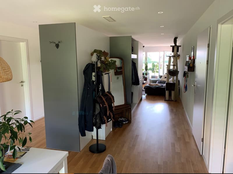 A well-lit hallway with wooden flooring, coat rack, and a cat tree in the background.