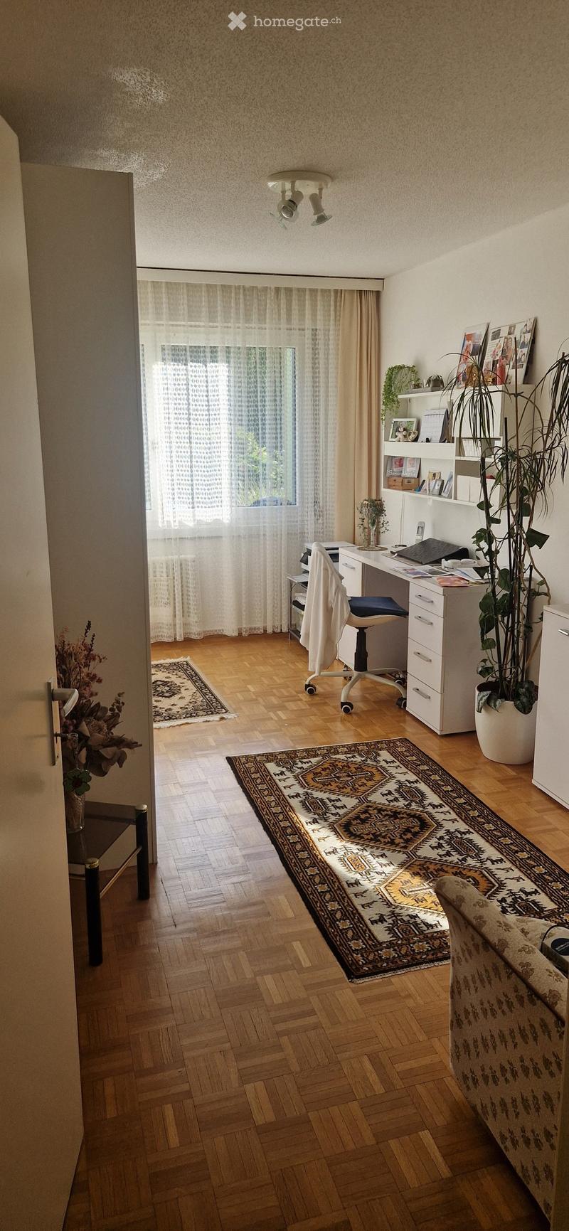 A well-lit room with wooden flooring, a large patterned rug, a desk with a chair, a shelf with books and plants, and a sofa in the corner.