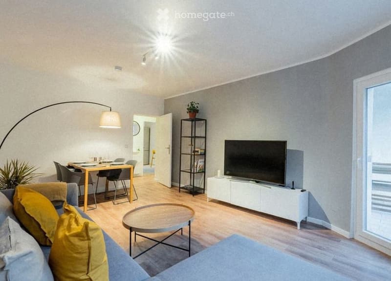 Modern living room with a grey sofa, coffee table, dining area with a table and chairs, TV stand, floor lamp, and a small shelf with a potted plant.
