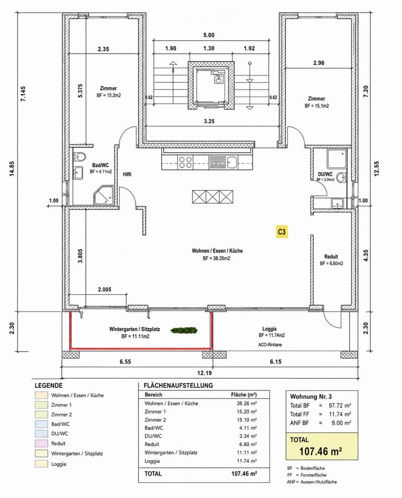 Floor plan of a residential unit with labeled rooms including living/dining/kitchen, two bedrooms, two bathrooms, a study, a winter garden/sitting area, and a loggia. Dimensions and floor/window areas are provided.