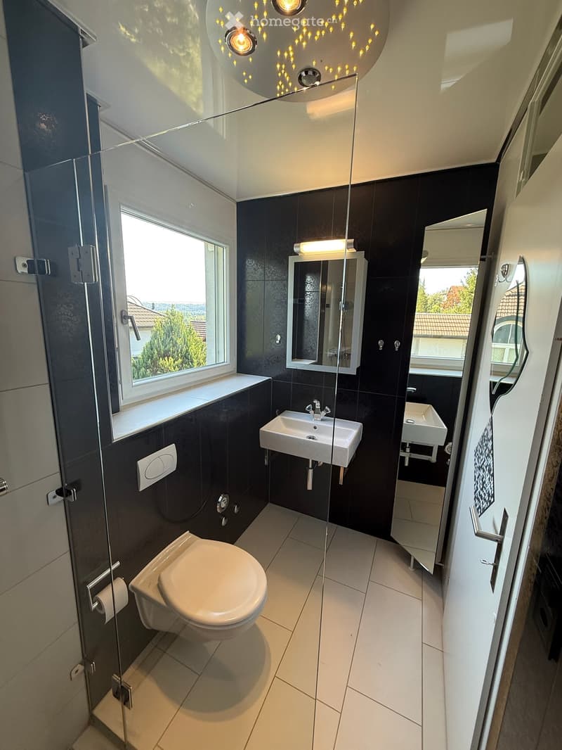 Modern bathroom with dark tiled walls, white tiled floor, glass shower enclosure, toilet, sink, and mirror.