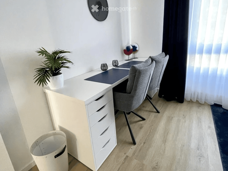 Modern, minimalist room with a white desk, grey chair, potted plant, and decorative items on the desk.