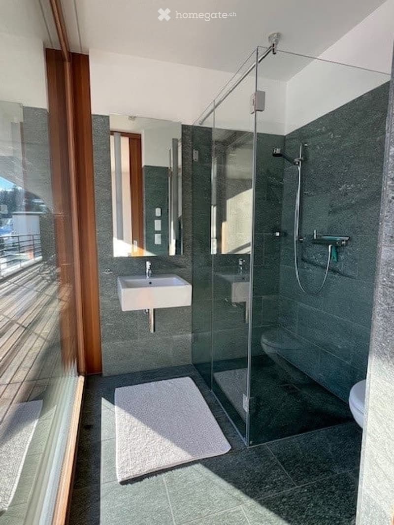 Modern bathroom with dark grey tiles, a white sink, a large mirror, a glass-enclosed shower, and a bathtub. A white bathroom rug is placed on the floor.