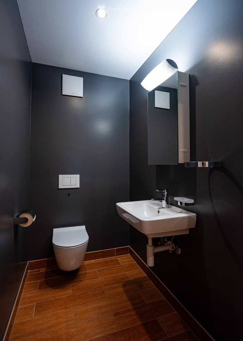 Modern bathroom with dark grey walls, wooden flooring, a white toilet, a white sink with a chrome faucet, a mirror cabinet, and a wall-mounted light fixture.