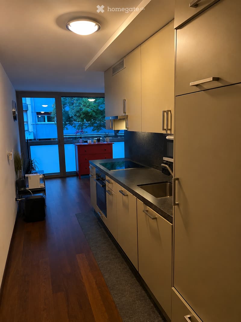 Modern kitchen with light-colored cabinets, stainless steel appliances, and a dark countertop. Features an oven, microwave, sink, and a small red drawer unit near the window.