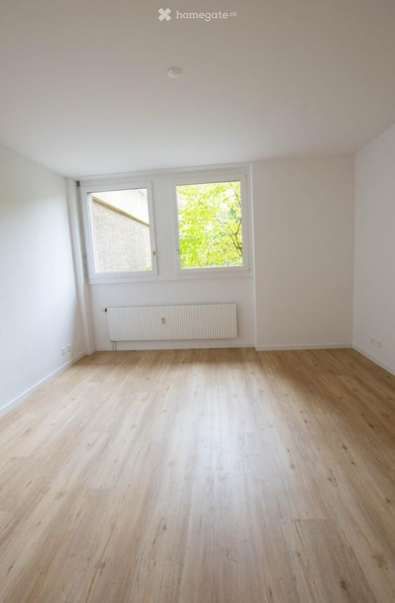 Empty room with light wooden flooring, white walls, and two windows letting in natural light. A radiator is mounted on the wall below the windows.