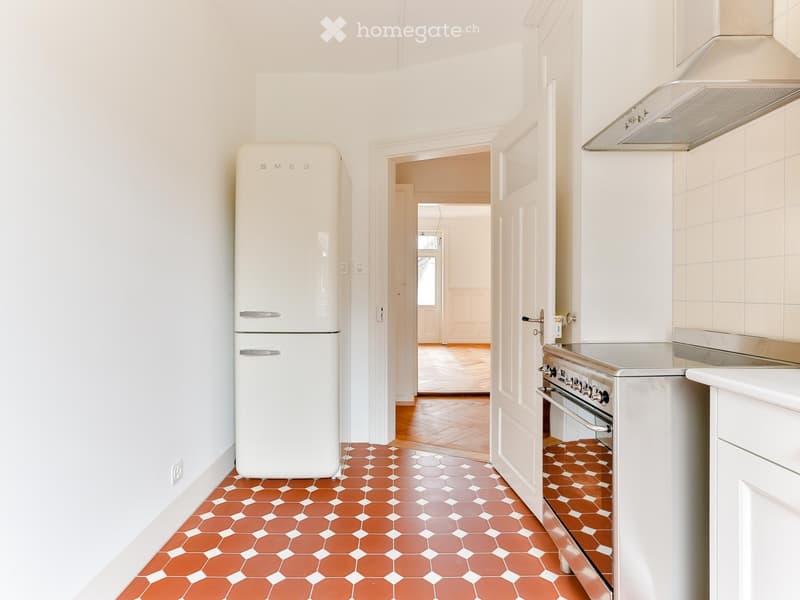 Modern kitchen with white cabinets, stainless steel appliances, and a hexagonal terracotta tile floor.