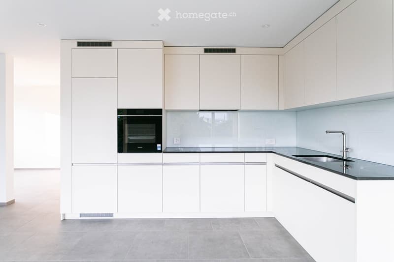 Modern kitchen with white cabinets, stainless steel sink, and built-in oven. Features a sleek, minimalist design with a glass backsplash and grey tiled floor.
