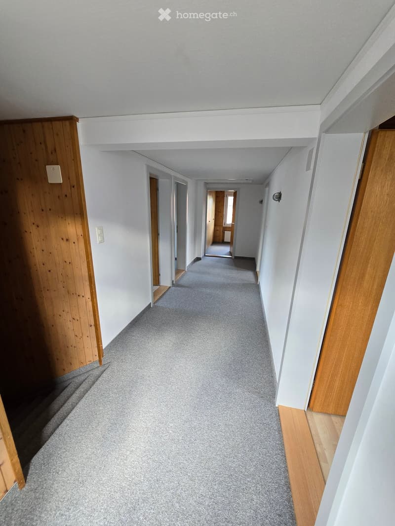 Clean, carpeted hallway with white walls, wooden paneling on one side, and several closed doors leading to rooms.