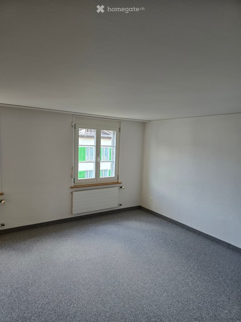 Empty room with grey carpeted floor, white walls, a window with white frame, and a radiator below the window.
