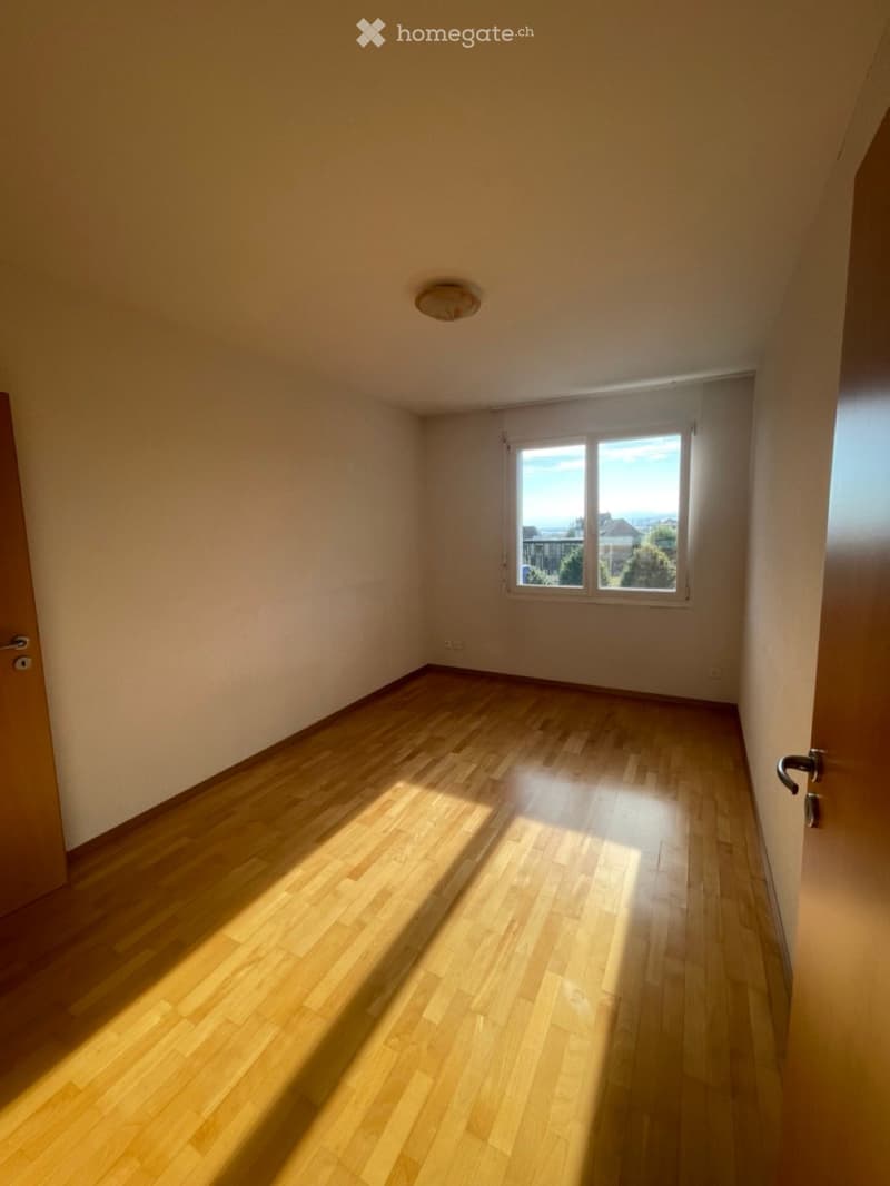 Empty room with wooden flooring, white walls, and a large window letting in natural light.