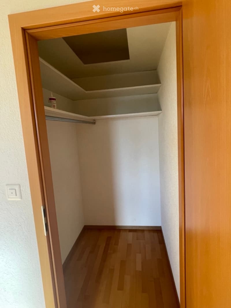 Empty closet with wooden floor, white walls, and built-in shelves. No furniture or items present.